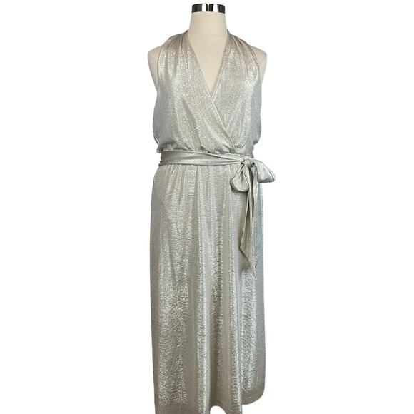 Ralph Lauren Women's Cocktail Dress Size 16 Gold Metallic Halter Sleeveless Wrap - Picture 1 of 12